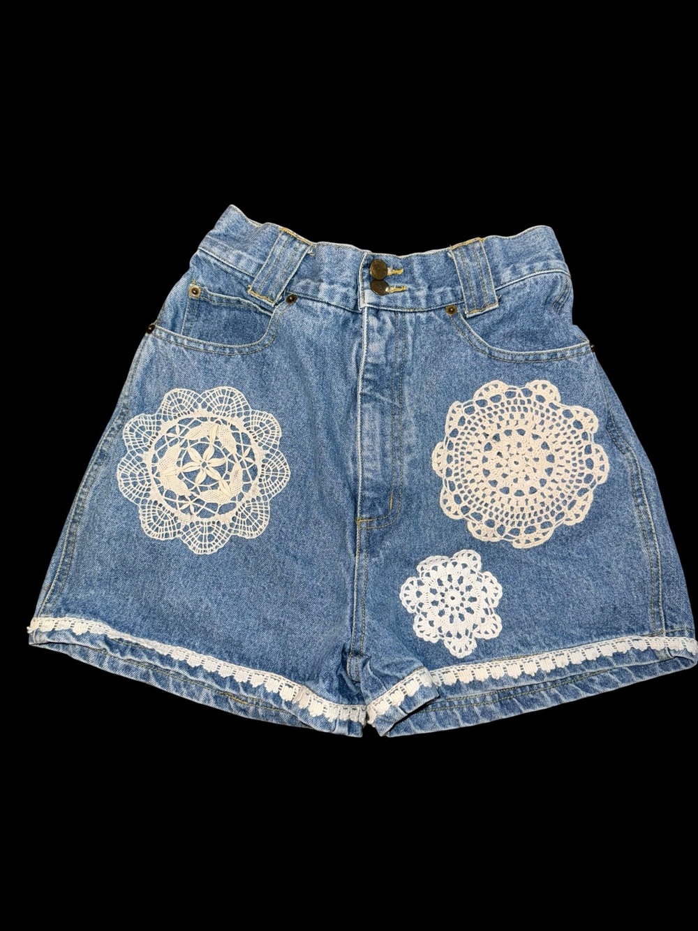 1980 1990 Chazz Charles Ghalian Denim Shorts Sz 7 Crochet Doily Lace High Waist